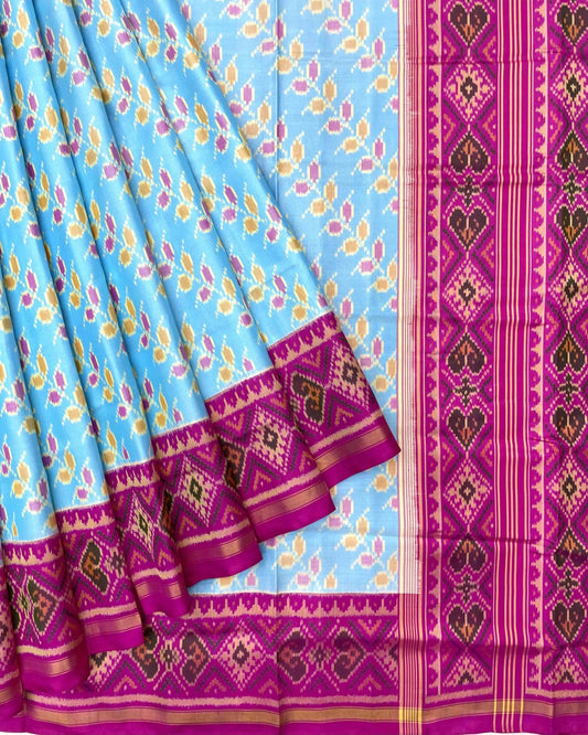 Pink & Sky Blue Leheriya Leaves Patola Saree - SindhoiPatolaArt