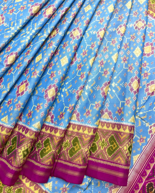 Pink & Sky Blue Navratan Patola Saree - SindhoiPatolaArt