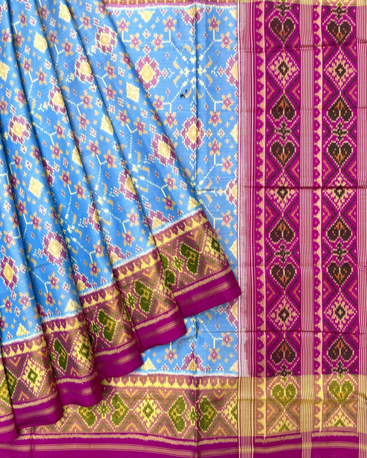 Pink & Sky Blue Navratan Patola Saree - SindhoiPatolaArt