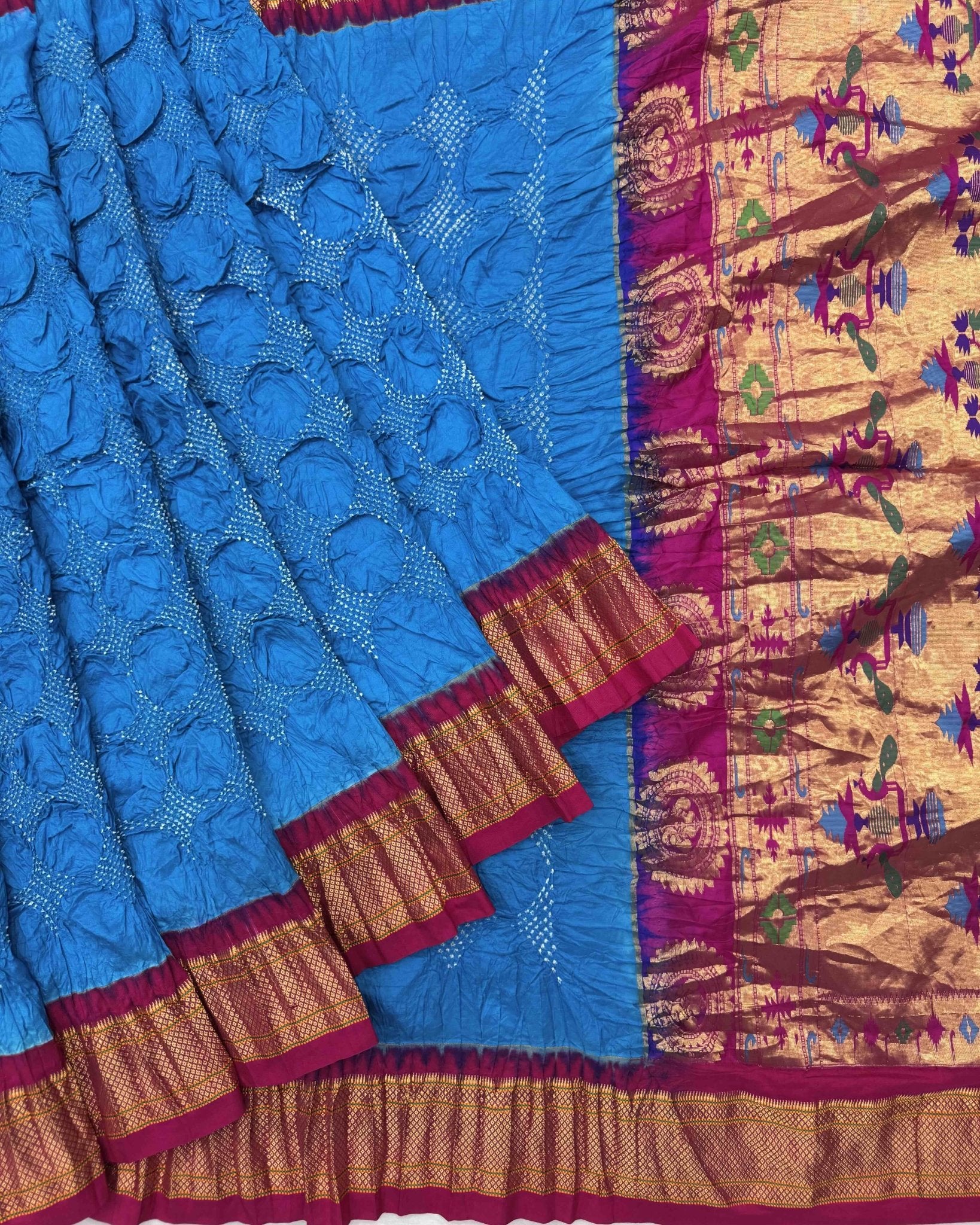 Pink & Sky Blue Paithani Bandhani Saree - SindhoiPatolaArt