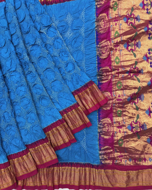 Pink & Sky Blue Paithani Bandhani Saree - SindhoiPatolaArt