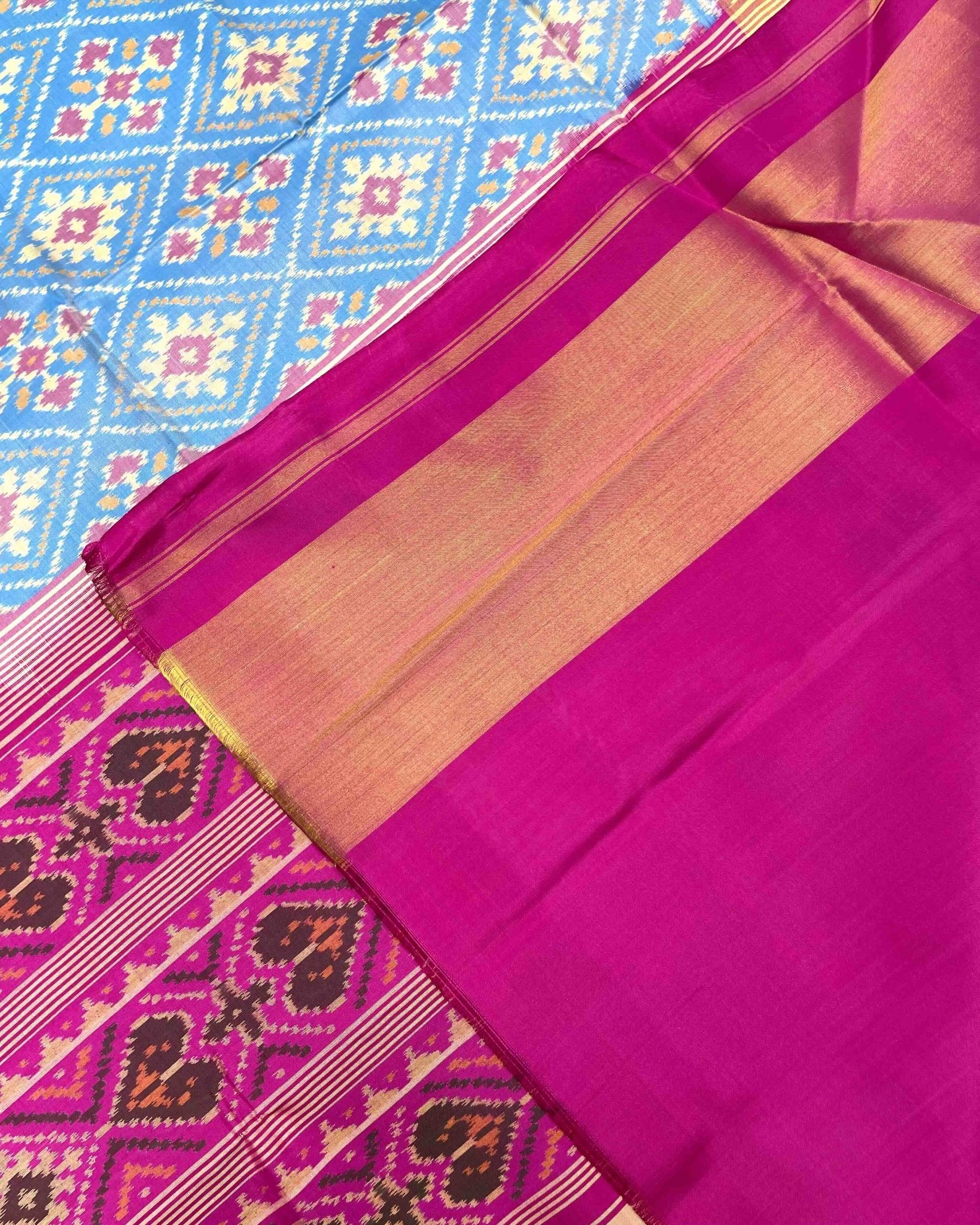 Pink & Sky Blue Panchanda Patola Saree - SindhoiPatolaArt