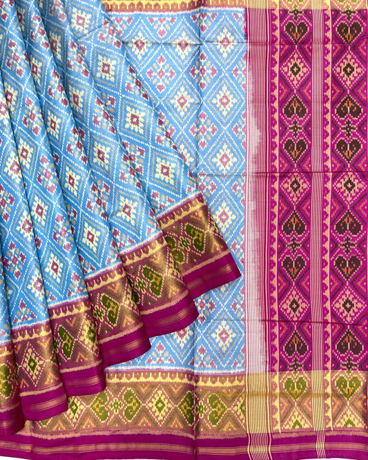 Pink & Sky Blue Panchanda Patola Saree - SindhoiPatolaArt