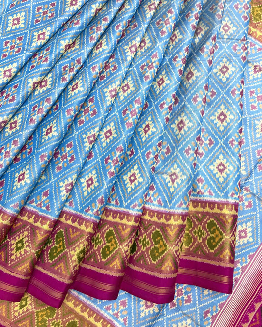 Pink & Sky Blue Panchanda Patola Saree - SindhoiPatolaArt
