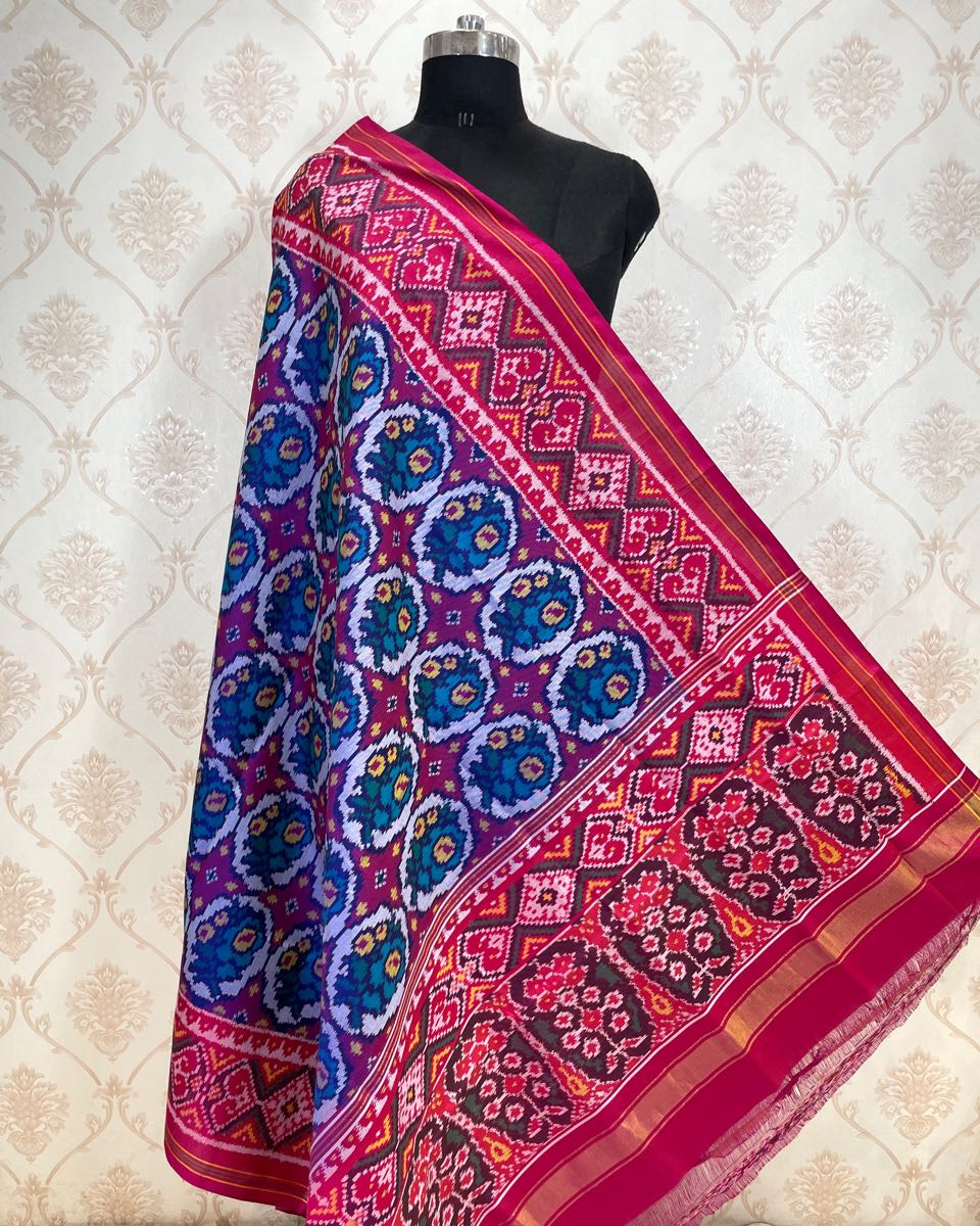 Pink & Turquoise Flower Patola Dupatta - SindhoiPatolaArt