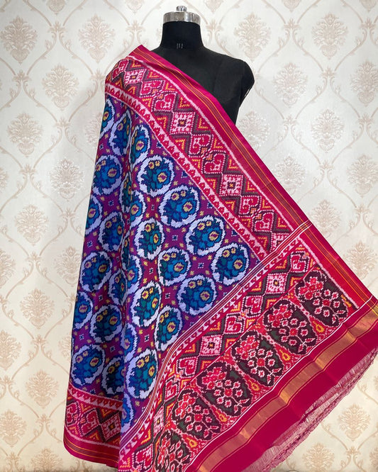 Pink & Turquoise Flower Patola Dupatta - SindhoiPatolaArt