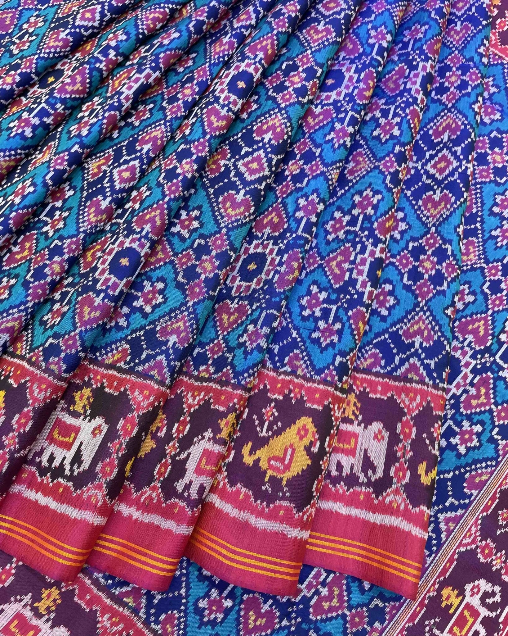 Pink & Turquoise Navratan Designer Patola Saree - SindhoiPatolaArt