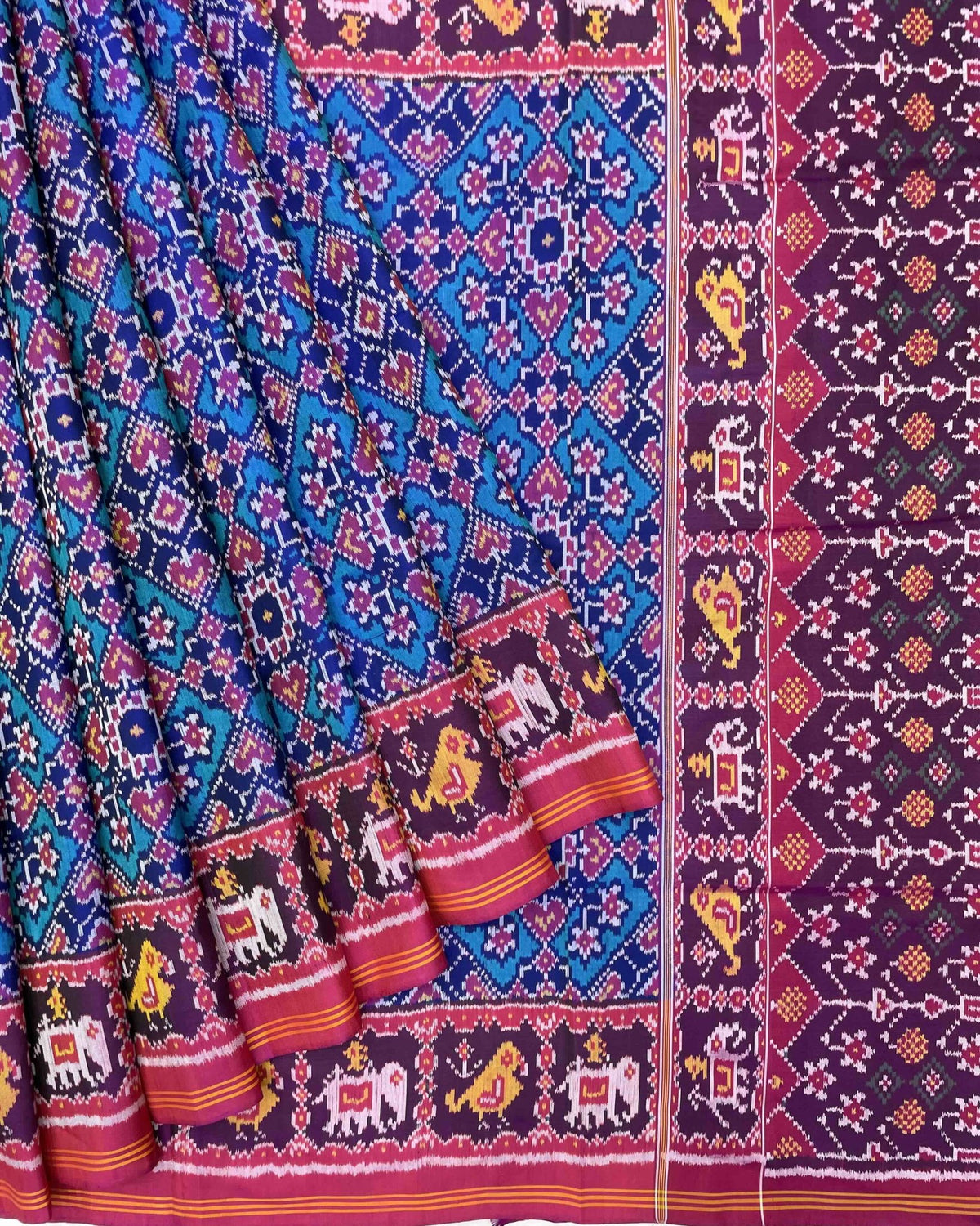 Pink & Turquoise Navratan Designer Patola Saree - SindhoiPatolaArt