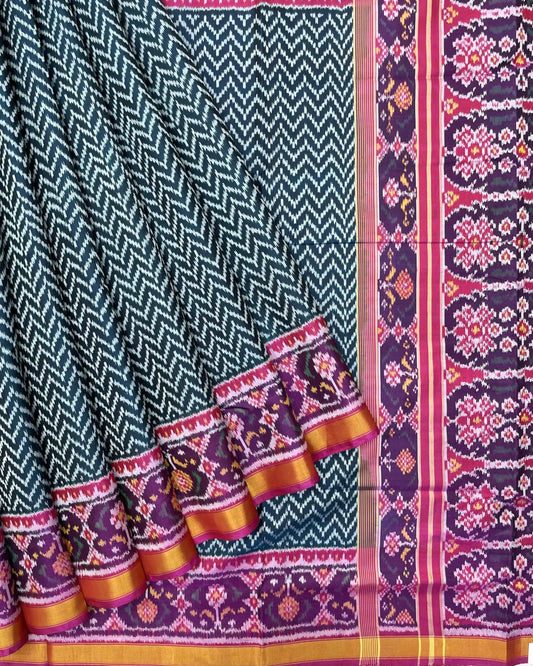 Pink & Turquoise Zig Zag Patola Saree - SindhoiPatolaArt