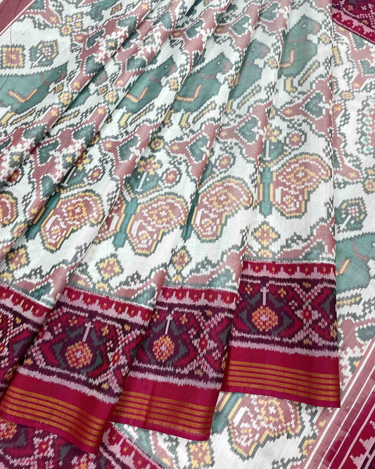 Pink & White Big Figure Narikunj Designer Patola Saree - SindhoiPatolaArt