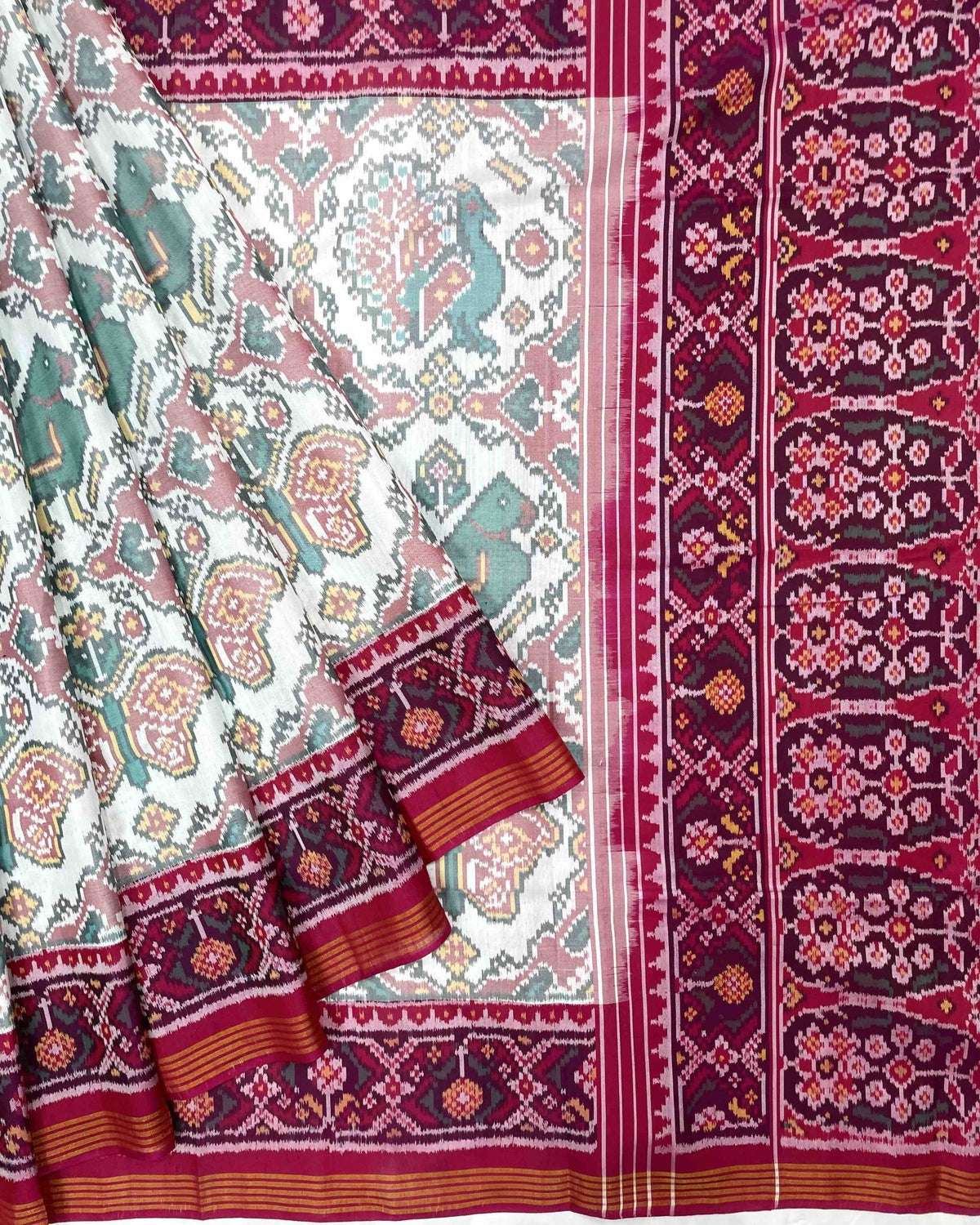 Pink & White Big Figure Narikunj Designer Patola Saree - SindhoiPatolaArt