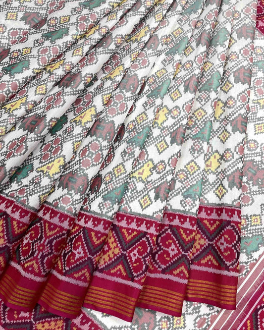 Pink & White Leheriyan Flower Narikunj Designer Patola Saree - SindhoiPatolaArt
