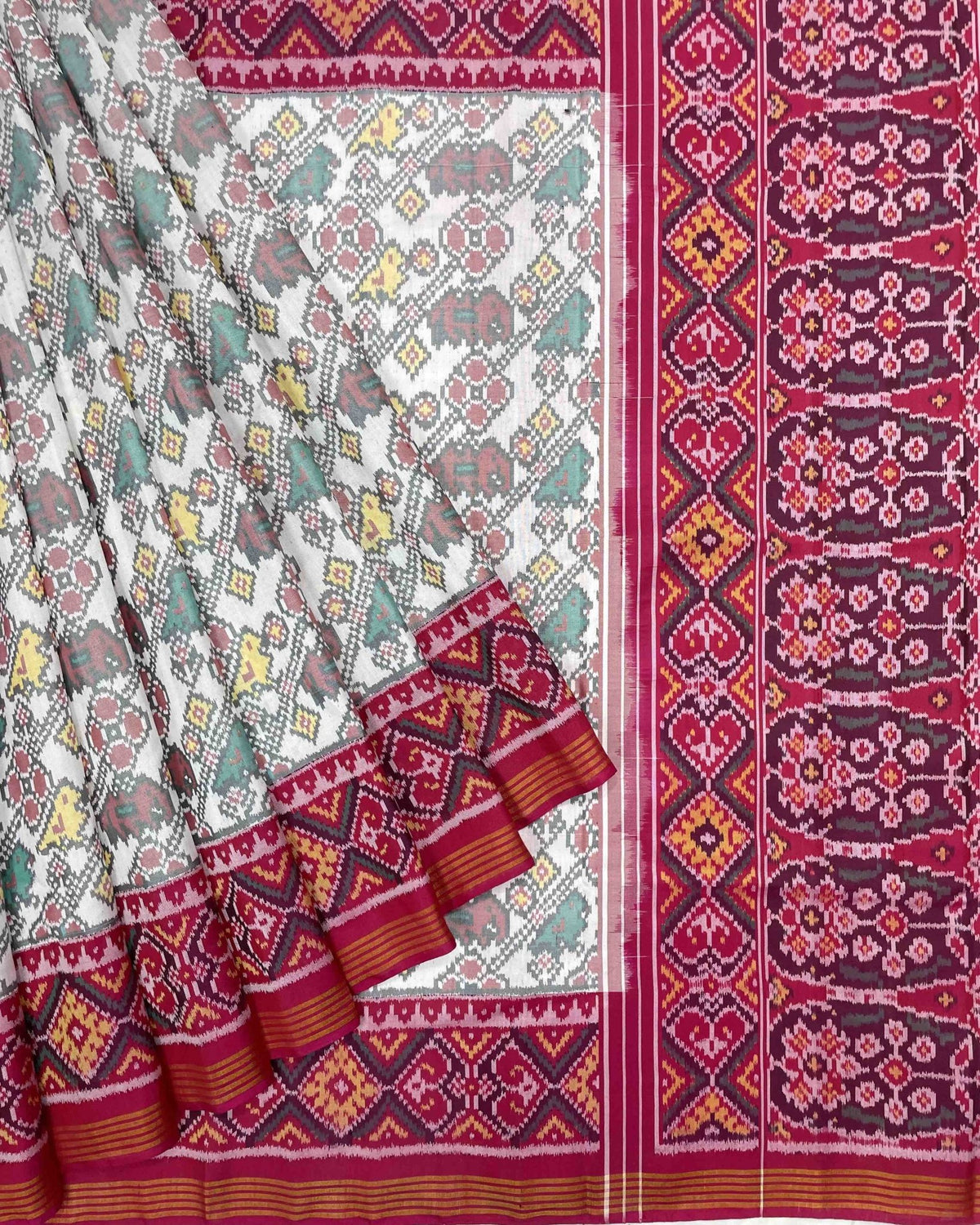 Pink & White Leheriyan Flower Narikunj Designer Patola Saree - SindhoiPatolaArt