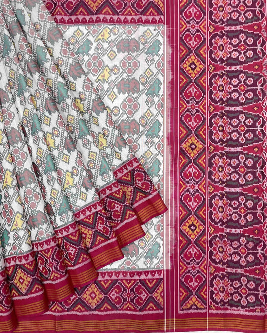 Pink & White Leheriyan Flower Narikunj Designer Patola Saree - SindhoiPatolaArt