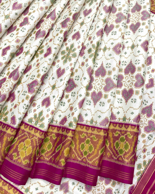 Pink & White New Chhabdi Patola Saree - SindhoiPatolaArt