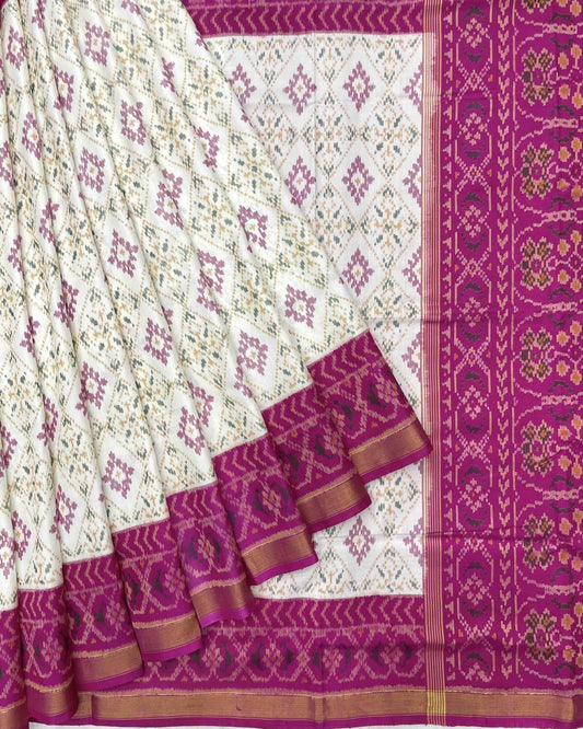 Pink & White Panchanda Patola Saree - SindhoiPatolaArt