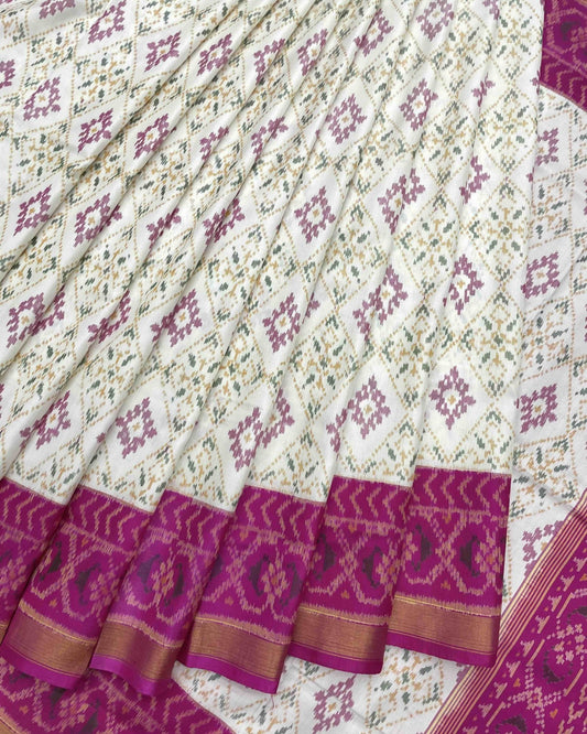 Pink & White Panchanda Patola Saree - SindhoiPatolaArt