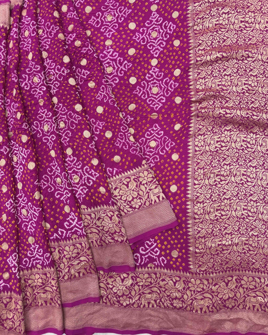 Pink with Zari Booty Georgette Bandhani Saree - SindhoiPatolaArt