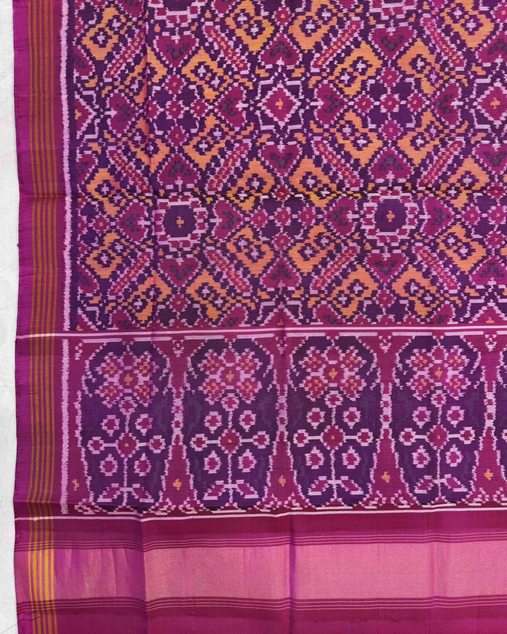Pink & Yellow Manekchowk Semi Double Ikat Patola Dupatta - SindhoiPatolaArt