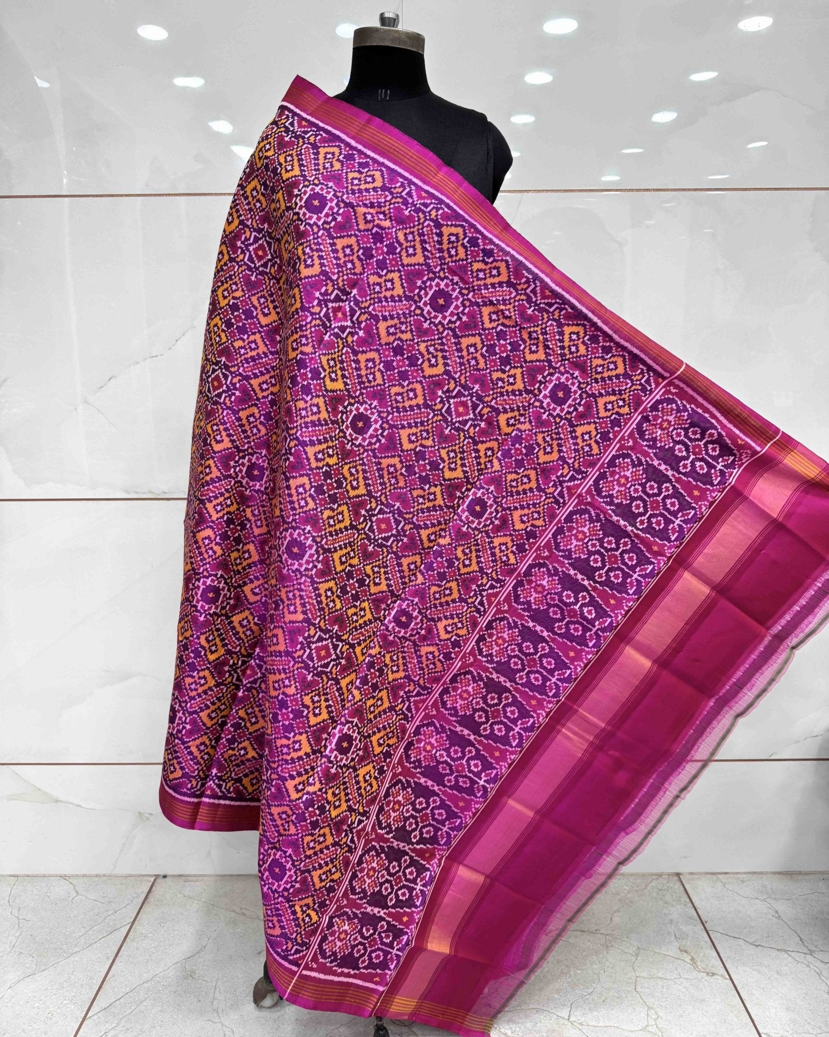 Pink & Yellow Manekchowk Semi Double Ikat Patola Dupatta - SindhoiPatolaArt