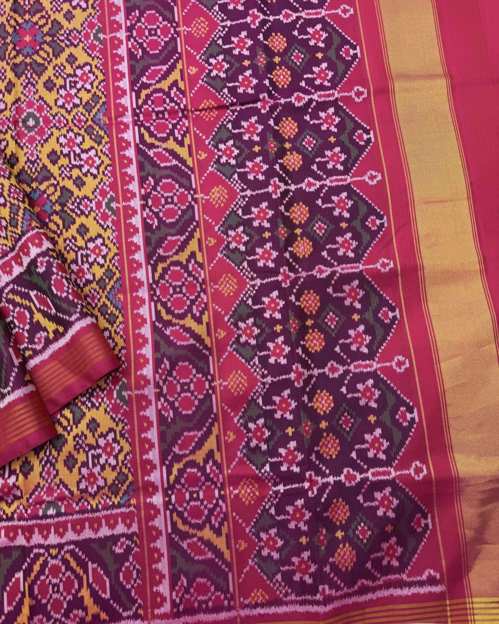 Pink & Yellow Navratan Patola Saree - SindhoiPatolaArt