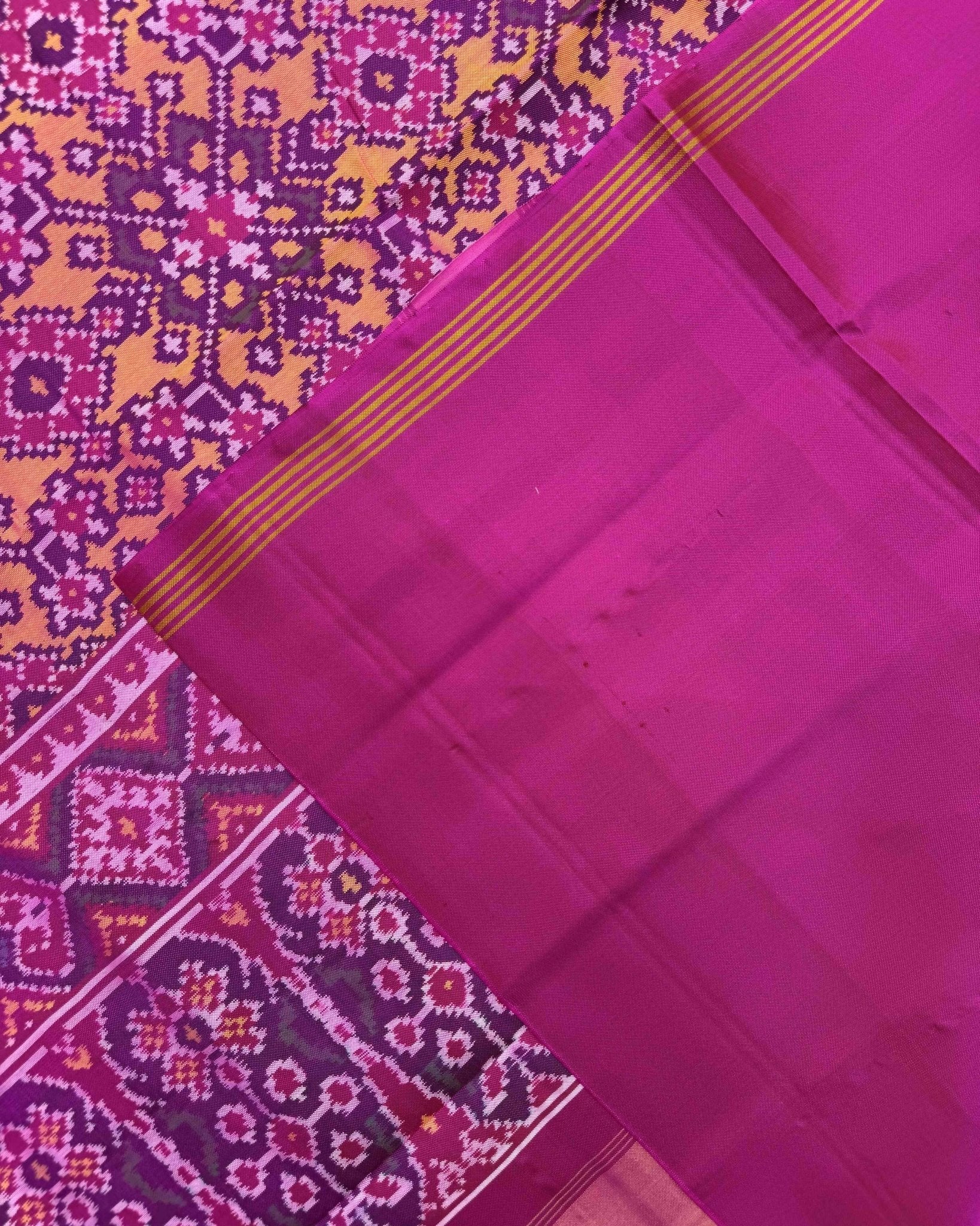 Pink & Yellow Navratan Semi Double Ikat Patola Saree - SindhoiPatolaArt