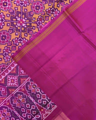 Pink & Yellow Navratan Semi Double Ikat Patola Saree - SindhoiPatolaArt