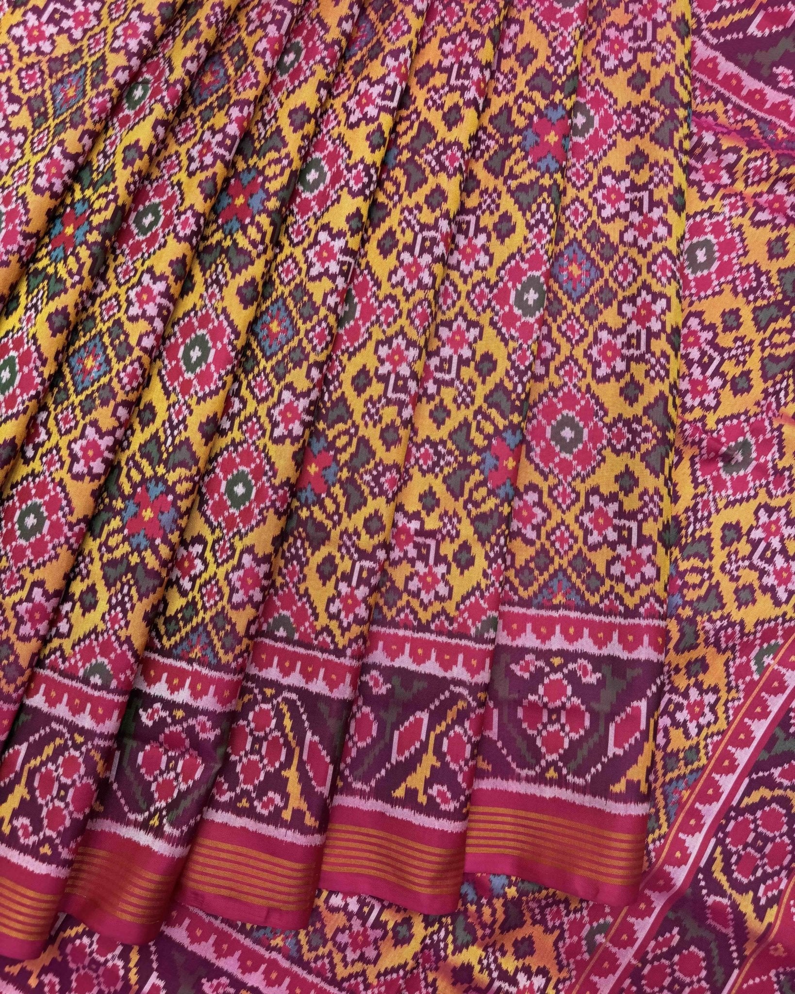 Pink & Yellow Navratan Semi Double Ikat Patola Saree - SindhoiPatolaArt