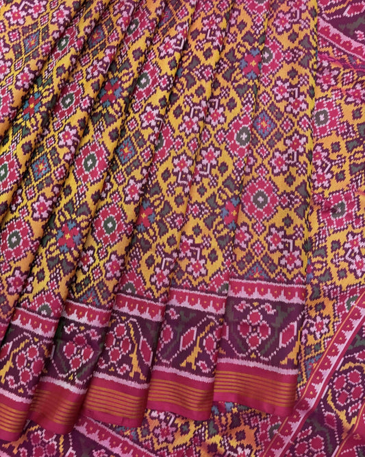 Pink & Yellow Navratan Semi Double Ikat Patola Saree - SindhoiPatolaArt