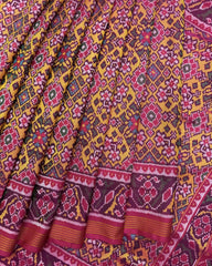 Pink & Yellow Navratan Semi Double Ikat Patola Saree - SindhoiPatolaArt