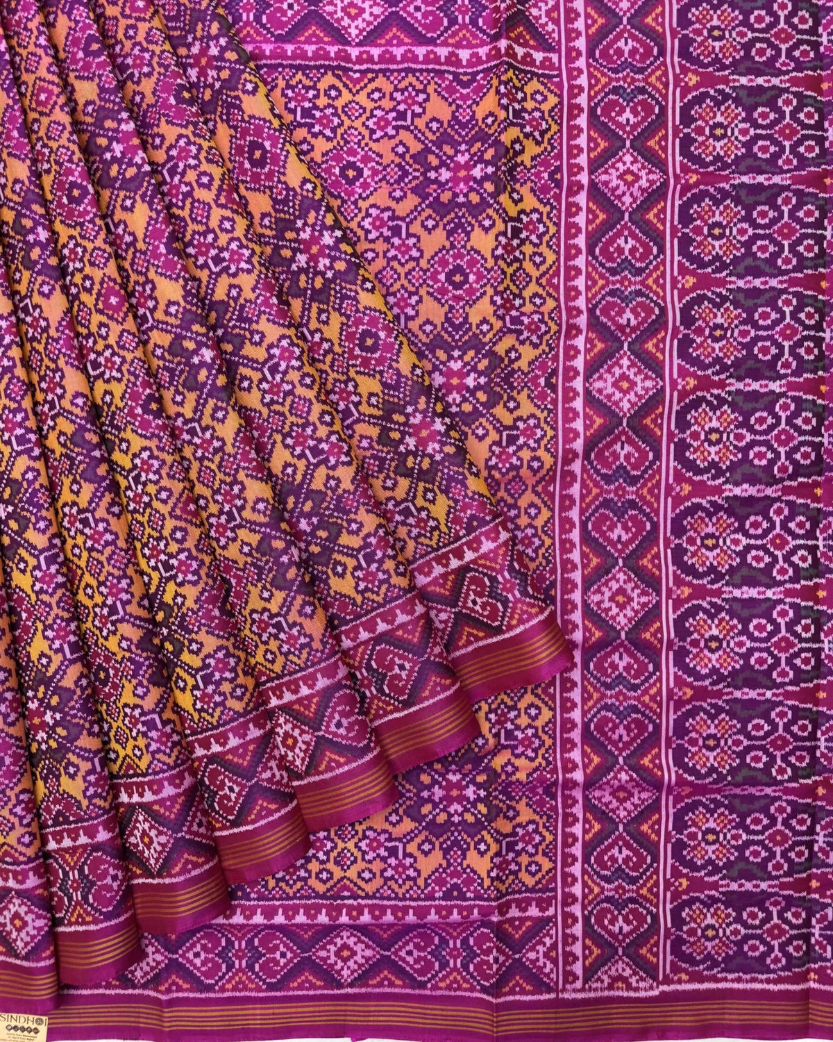 Pink & Yellow Navratan Semi Double Ikat Patola Saree - SindhoiPatolaArt