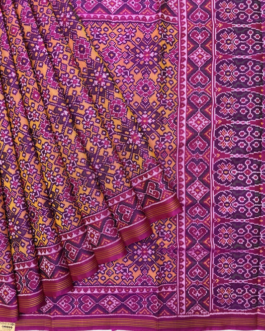 Pink & Yellow Navratan Semi Double Ikat Patola Saree - SindhoiPatolaArt