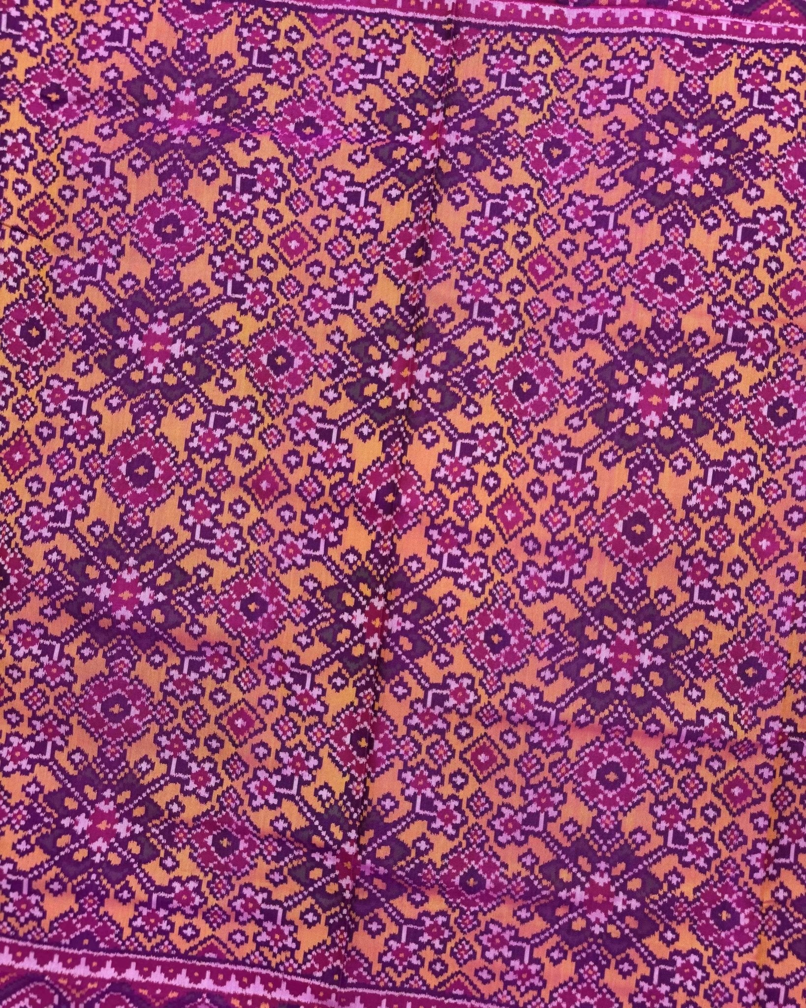 Pink & Yellow Navratan Semi Double Ikat Patola Saree - SindhoiPatolaArt