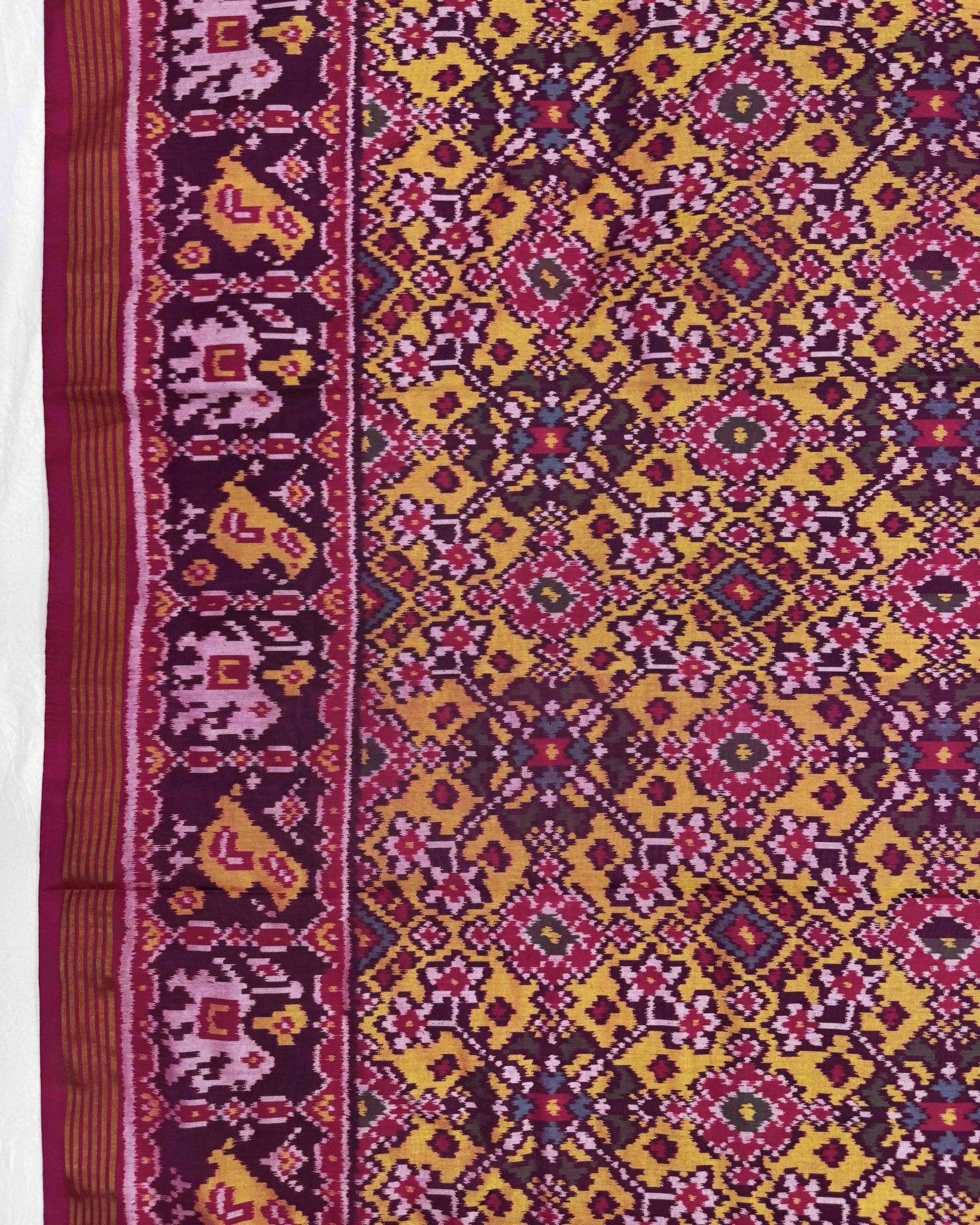 Pink & Yellow Navratan Semi Double Ikat Patola Saree - SindhoiPatolaArt