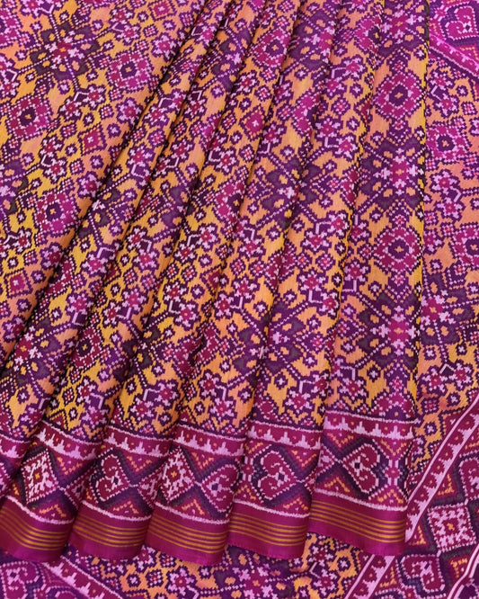 Pink & Yellow Navratan Semi Double Ikat Patola Saree - SindhoiPatolaArt