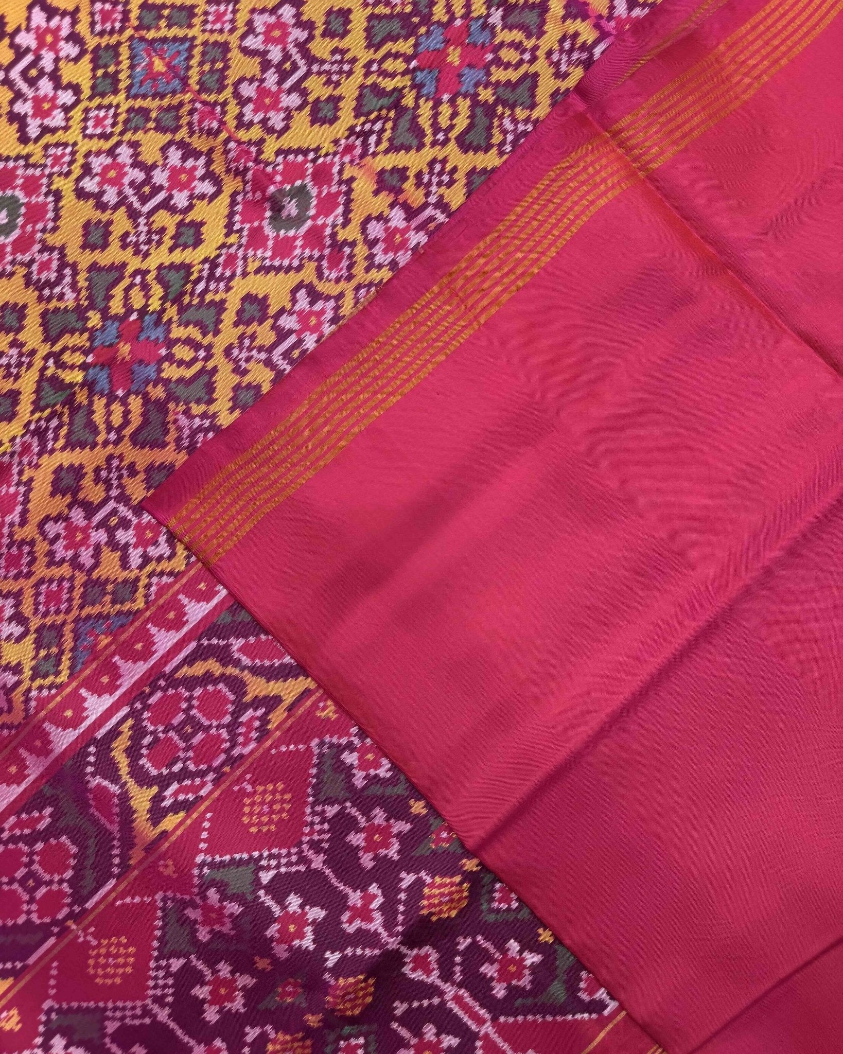 Pink & Yellow Navratan Semi Double Ikat Patola Saree - SindhoiPatolaArt