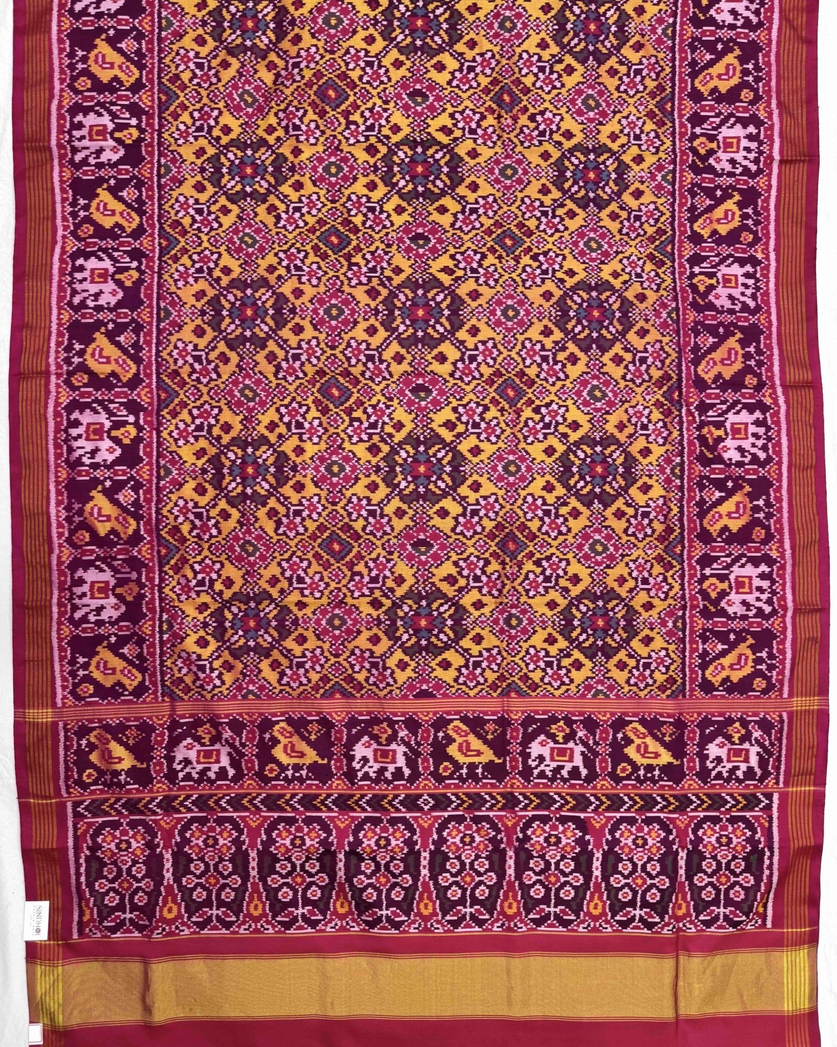 Pink & Yellow Navratan Semi Double Ikat Patola Saree - SindhoiPatolaArt