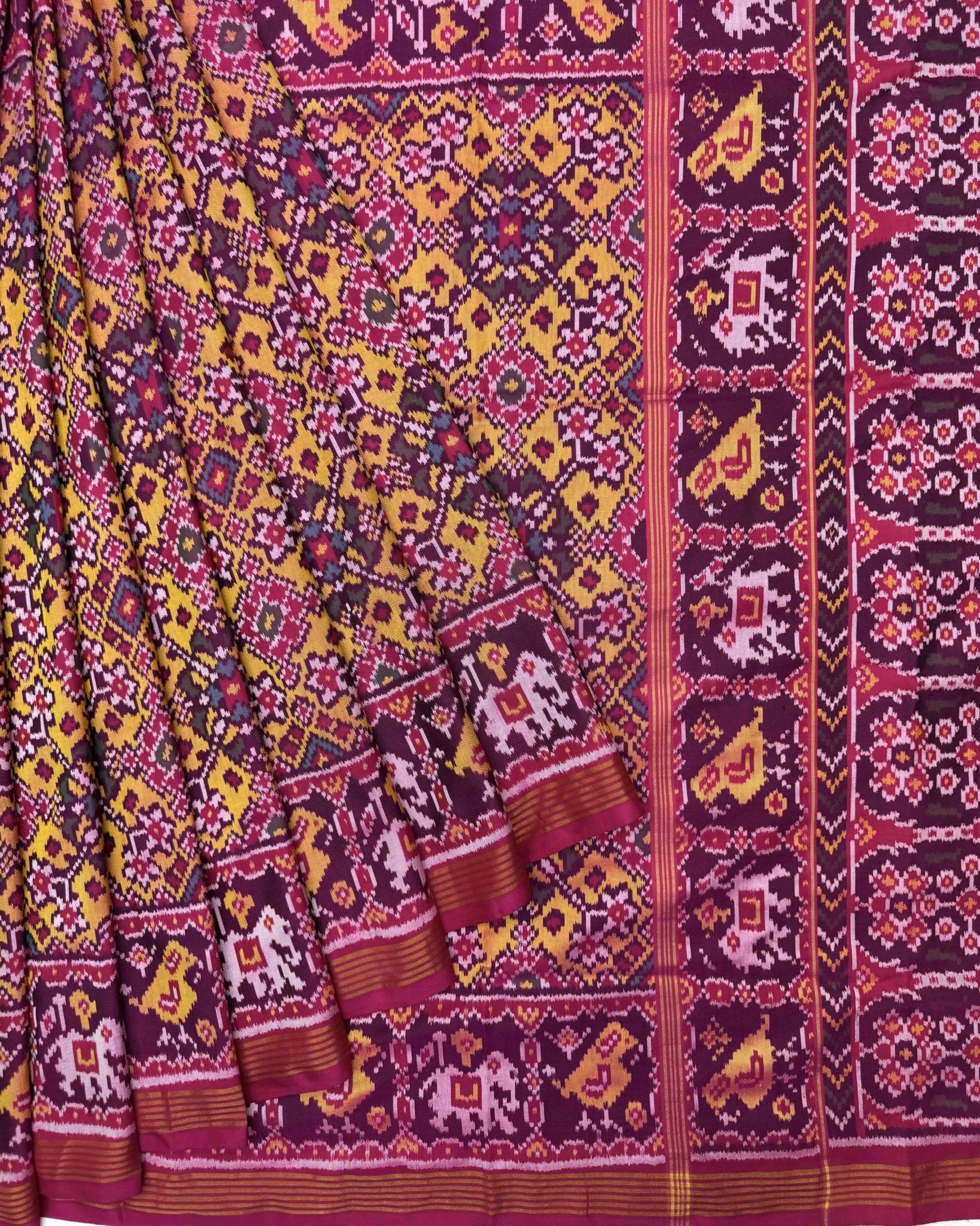 Pink & Yellow Navratan Semi Double Ikat Patola Saree - SindhoiPatolaArt