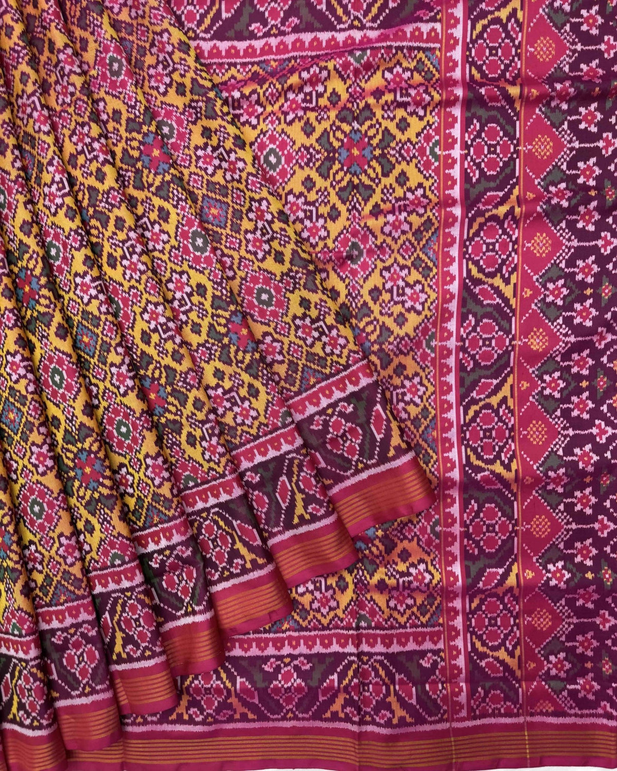 Pink & Yellow Navratan Semi Double Ikat Patola Saree - SindhoiPatolaArt