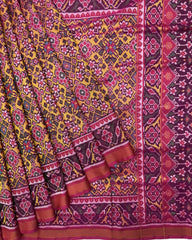 Pink & Yellow Navratan Semi Double Ikat Patola Saree - SindhoiPatolaArt