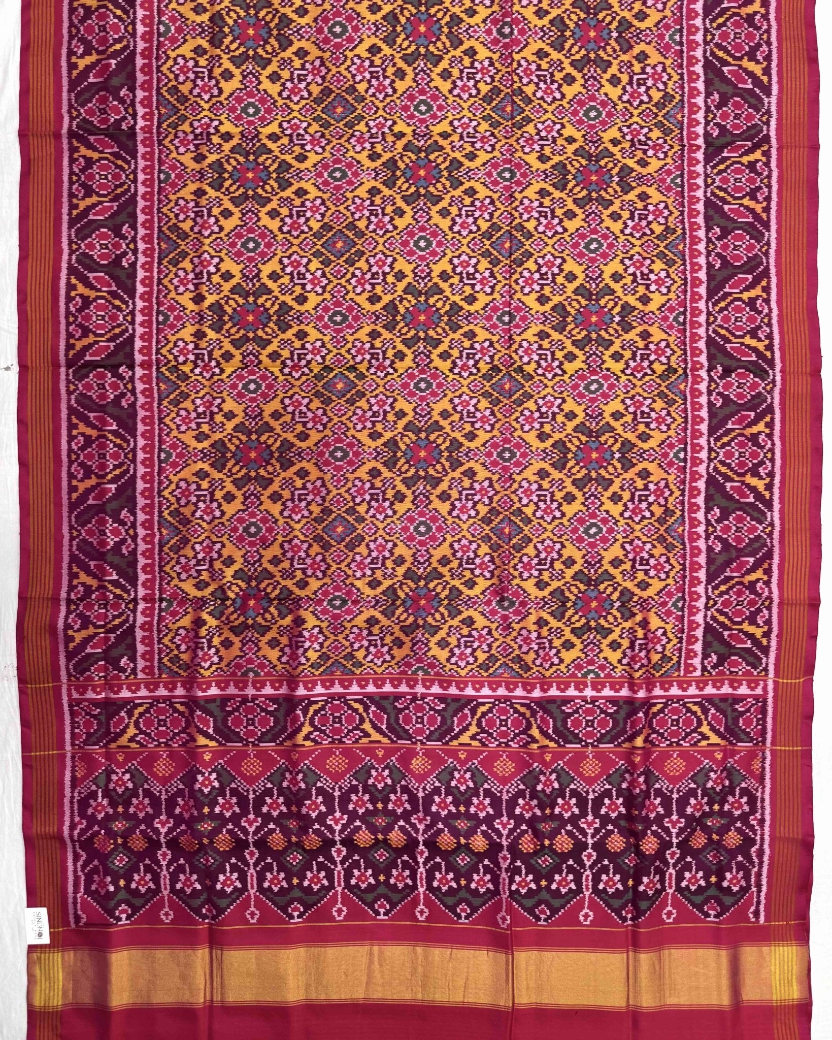 Pink & Yellow Navratan Semi Double Ikat Patola Saree - SindhoiPatolaArt
