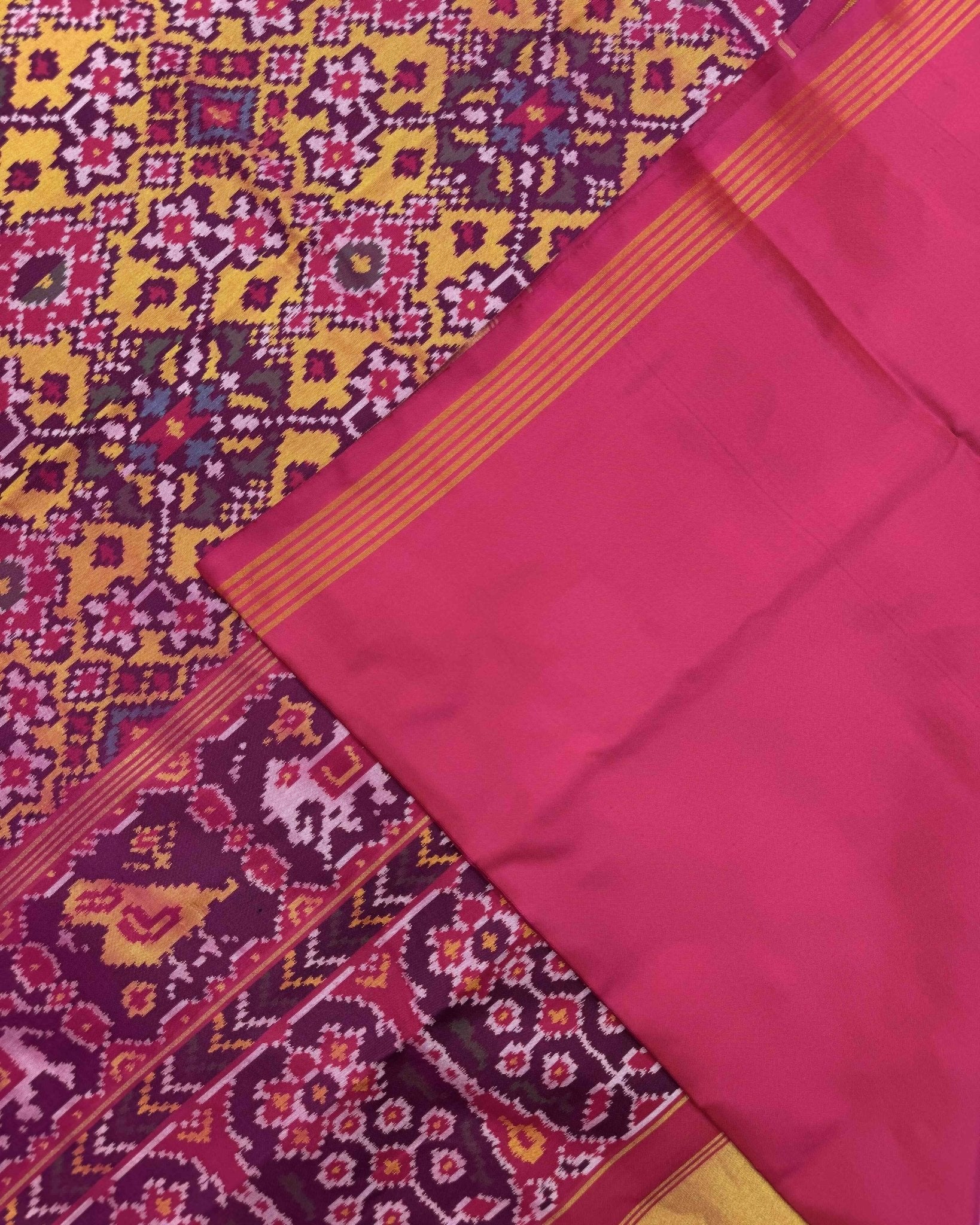 Pink & Yellow Navratan Semi Double Ikat Patola Saree - SindhoiPatolaArt