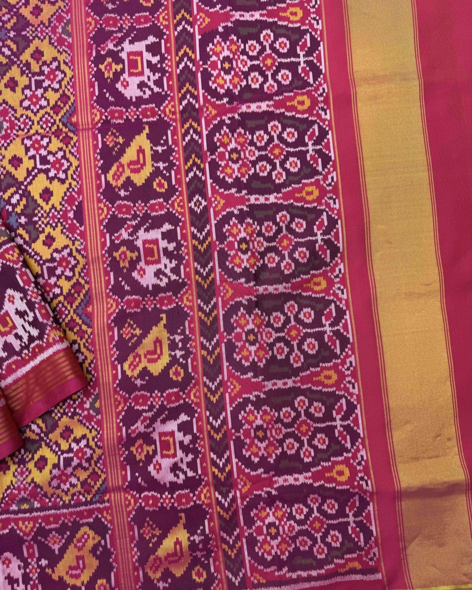 Pink & Yellow Navratan Semi Double Ikat Patola Saree - SindhoiPatolaArt