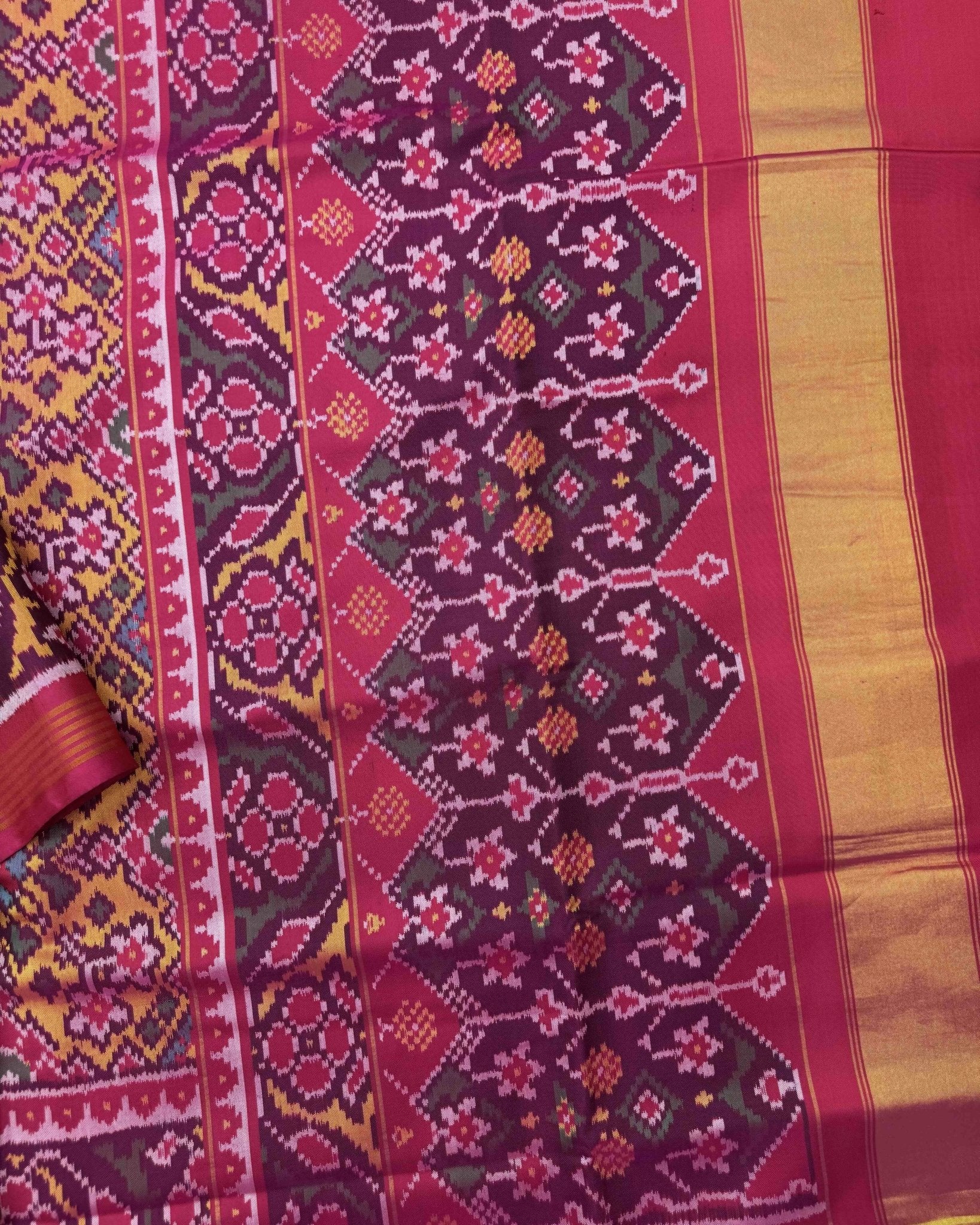 Pink & Yellow Navratan Semi Double Ikat Patola Saree - SindhoiPatolaArt