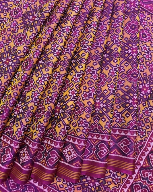 Pink & Yellow Navratan Semi Double Ikat Patola Saree - SindhoiPatolaArt