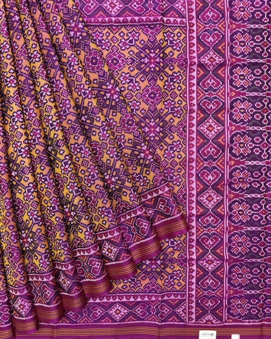 Pink & Yellow Navratan Semi Double Ikat Patola Saree - SindhoiPatolaArt