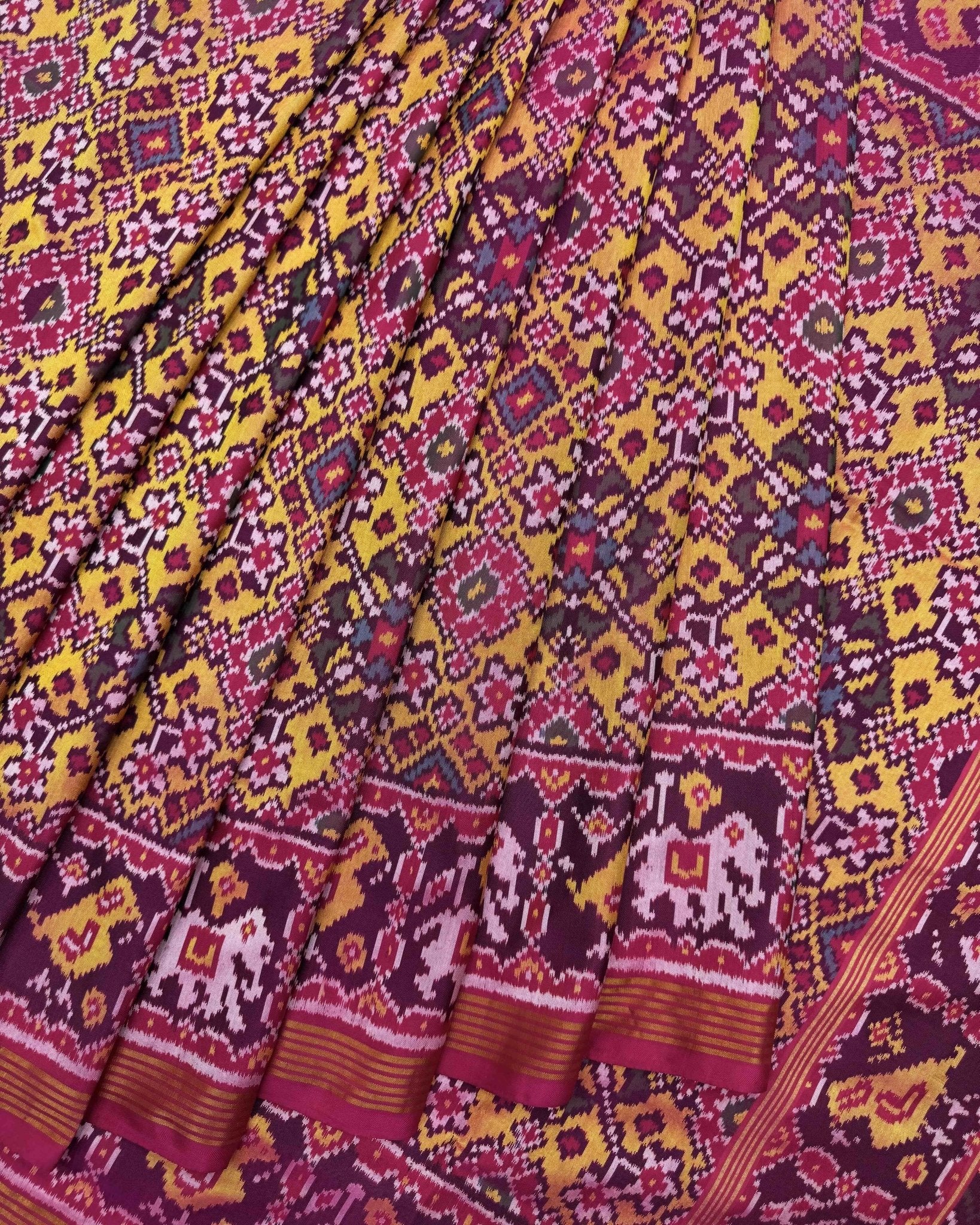 Pink & Yellow Navratan Semi Double Ikat Patola Saree - SindhoiPatolaArt