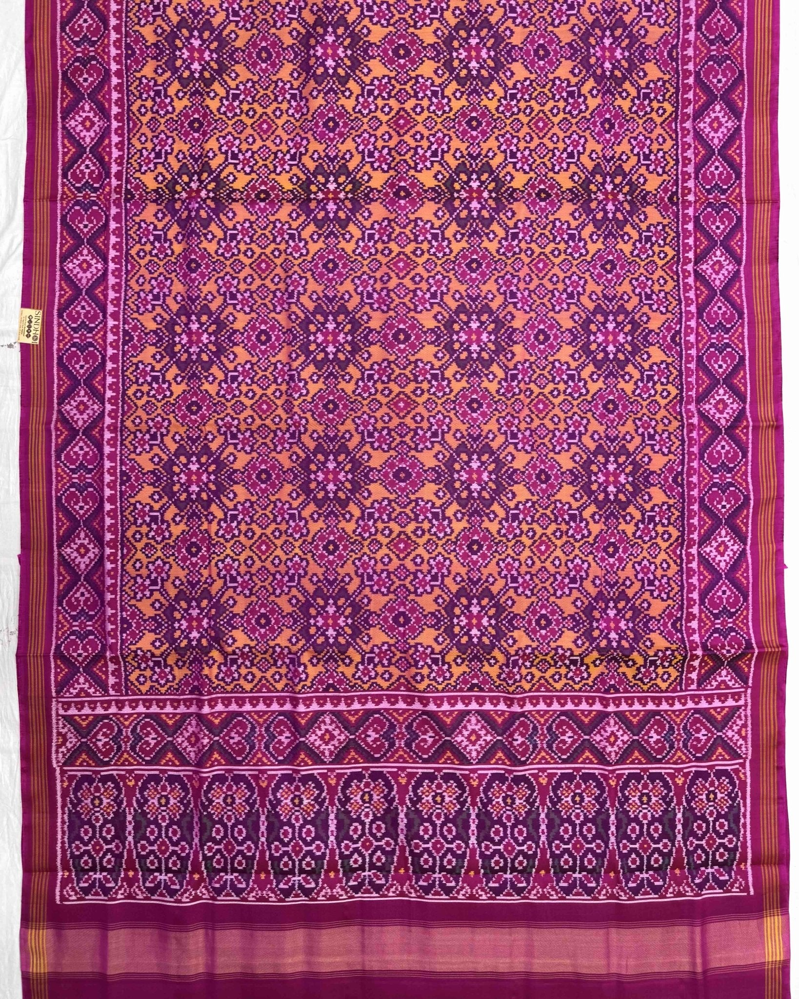 Pink & Yellow Navratan Semi Double Ikat Patola Saree - SindhoiPatolaArt