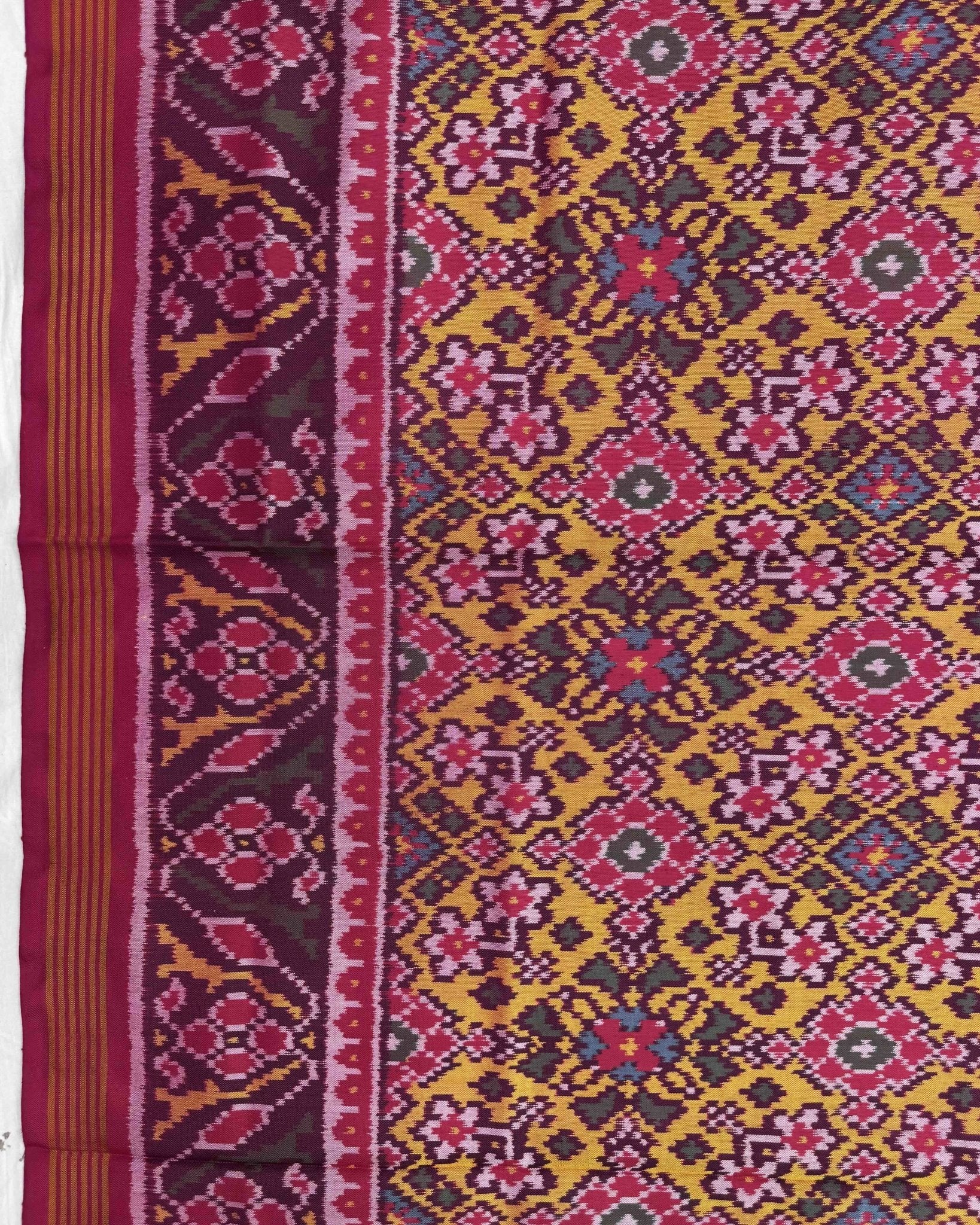 Pink & Yellow Navratan Semi Double Ikat Patola Saree - SindhoiPatolaArt