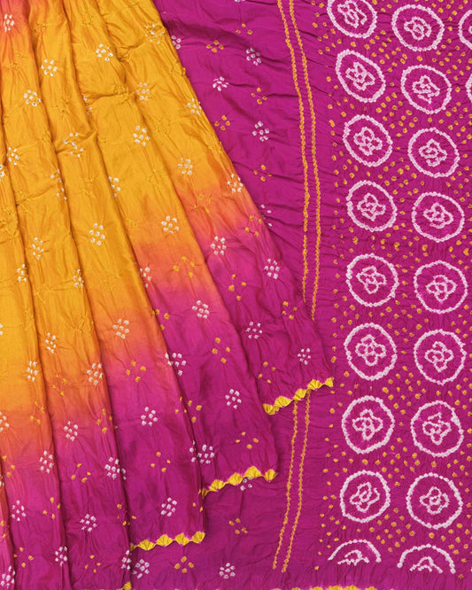 Pink & Yellow Shaded Gaji Silk Bandhani Saree - SindhoiPatolaArt